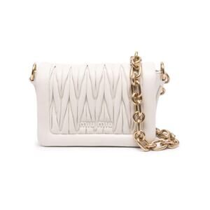 MIU MIU Smocked Leather Crossbody in Weiss (Off White) Gold Chain